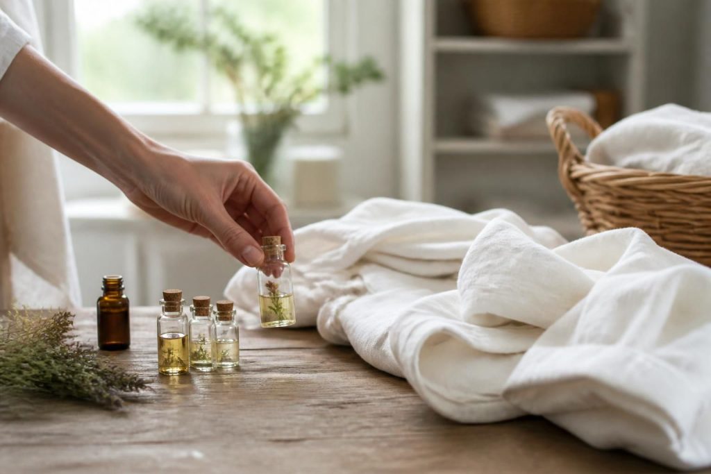 découvrez nos recommandations d'huiles essentielles pour adoucir et parfumer naturellement votre linge, pour une lessive fraîche et délicatement parfumée.
