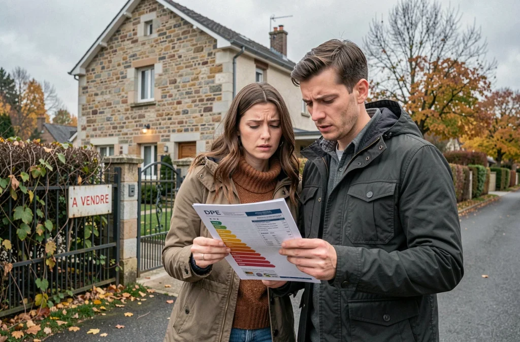 Couple d'acquéreurs consultant un diagnostic de performance énergétique devant une maison en vente dans un quartier résidentiel français