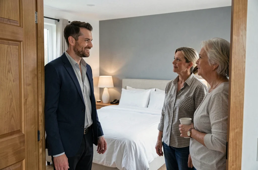 Agent immobilier présentant une chambre home stagée à des acheteurs potentiels en France