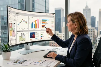 Agent immobilière analysant des données d'estimation immobilière générées par intelligence artificielle sur un écran d'ordinateur dans un bureau moderne