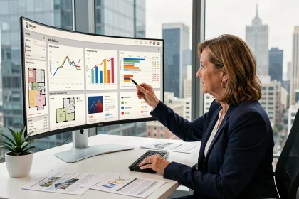 Agent immobilière analysant des données d'estimation immobilière générées par intelligence artificielle sur un écran d'ordinateur dans un bureau moderne
