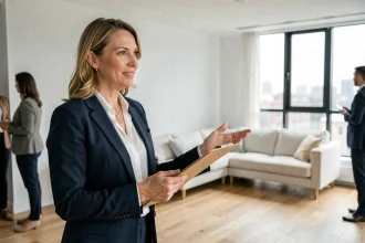 Agent immobilière présentant un appartement moderne à des acheteurs potentiels lors d'une visite organisée