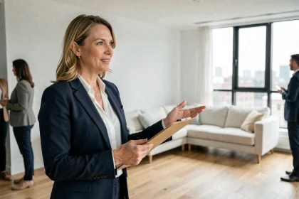 Agent immobilière présentant un appartement moderne à des acheteurs potentiels lors d'une visite organisée