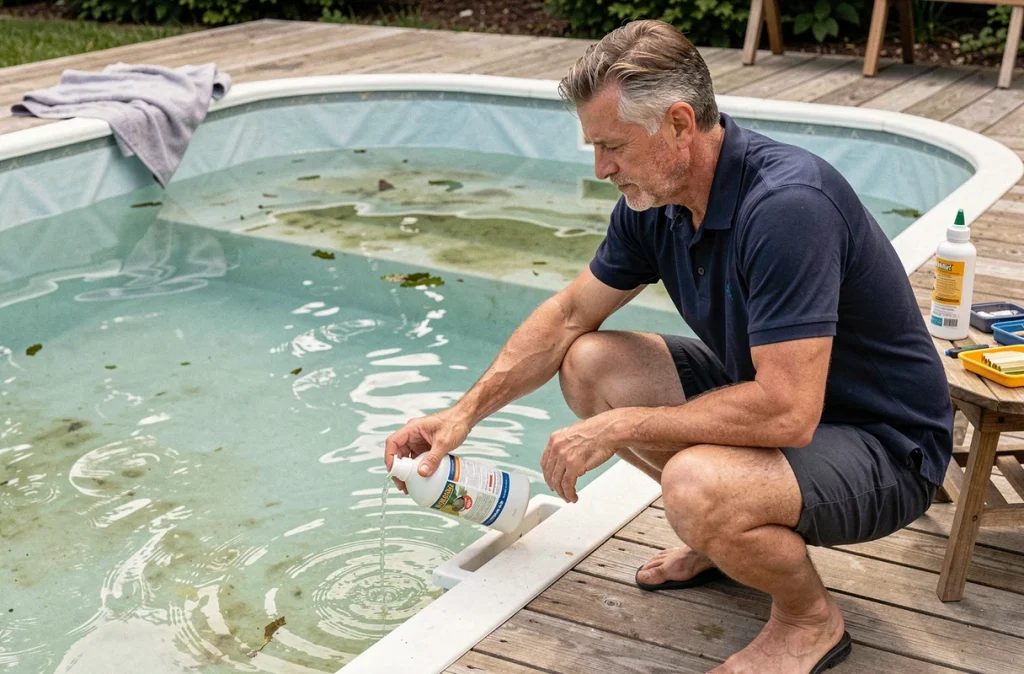 Homme ajoutant un traitement anti-algues dans le skimmer d'une piscine avec liner pour éliminer les algues vertes