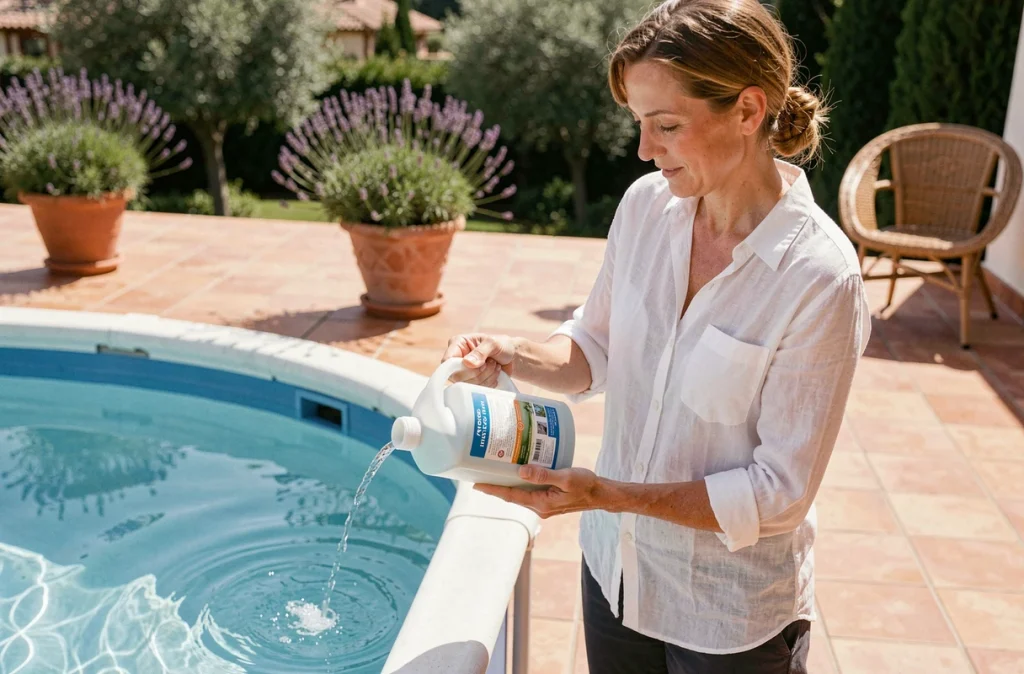 Femme ajoutant un produit anti-calcaire dans une piscine hors-sol en été