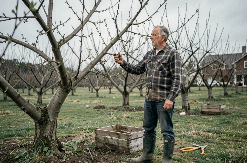 Agriculteur inspectant les bourgeons d'un poirier dans un verger régional au printemps