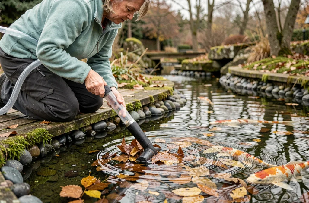 Femme aspirant les feuilles mortes et sédiments au fond d'un bassin à koïs avec un aspirateur de bassin manuel