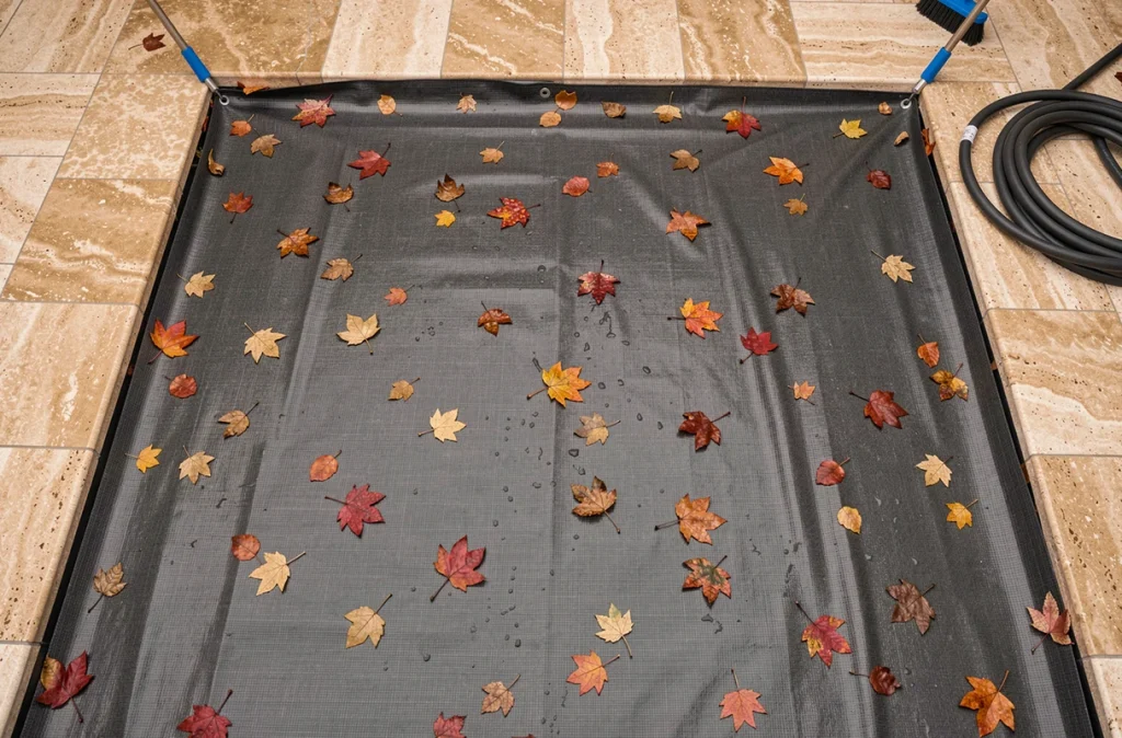 Vue aérienne d'une bâche d'hivernage grise tendue sur une piscine enterrée avec des feuilles mortes d'automne et un lest en tube d'eau