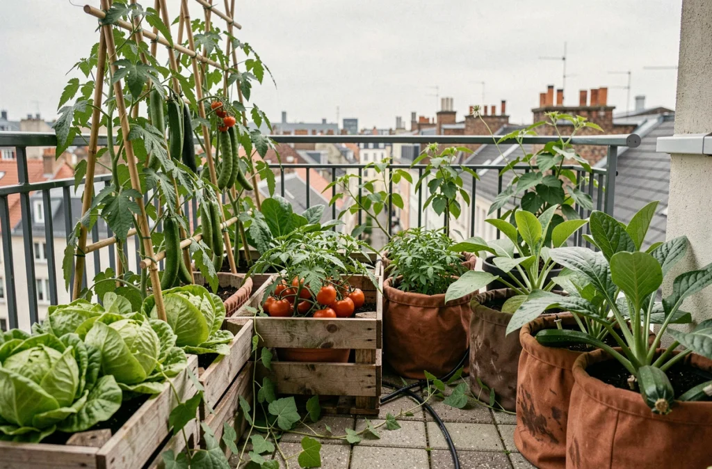 Balcon potager urbain productif avec légumes, tomates, haricots grimpants et laitues dans des caisses en bois recyclées