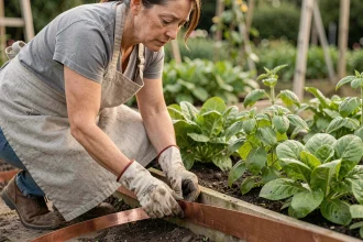 Jardinière posant une barrière en ruban de cuivre autour d'un carré potager pour protéger les plantes des limaces sans produits chimiques
