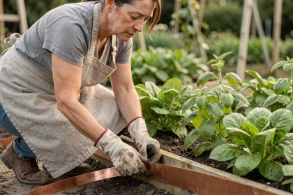 Jardinière posant une barrière en ruban de cuivre autour d'un carré potager pour protéger les plantes des limaces sans produits chimiques