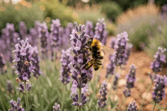 Bourdon couvert de pollen sur un épi de lavande en fleur dans un jardin mellifère