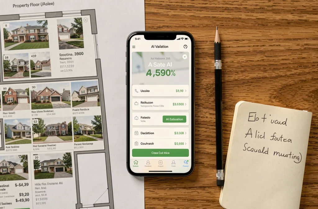 Vue en plongée d'un bureau avec plan d'appartement, smartphone affichant une estimation immobilière par IA et notes manuscrites