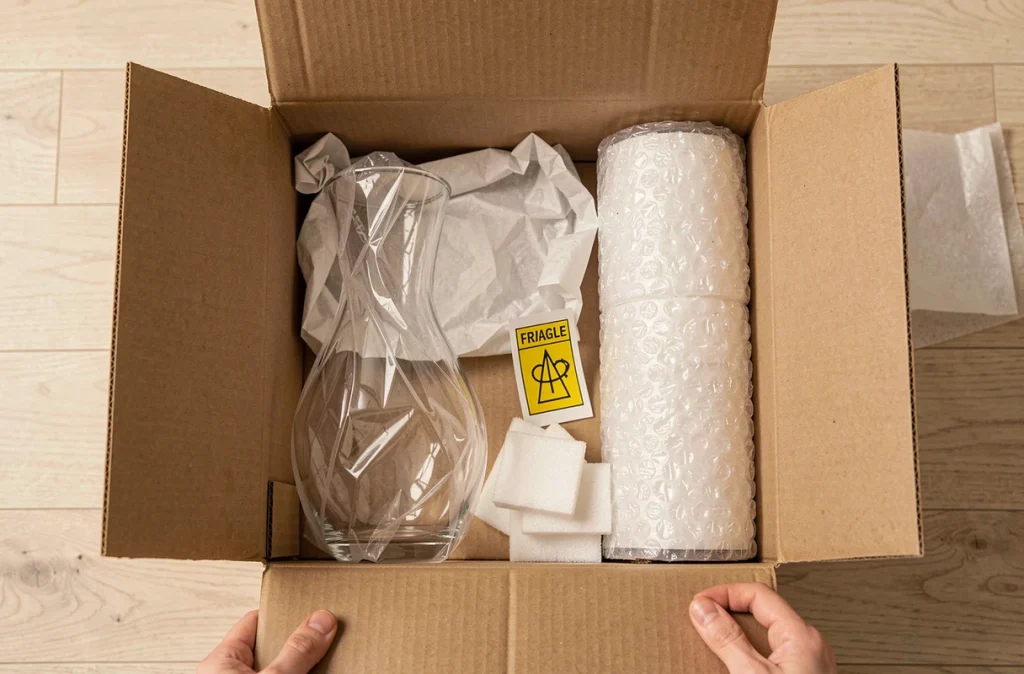 Vue de dessus d'un carton de déménagement avec des protections en papier bulle et des coins en mousse pour objets fragiles