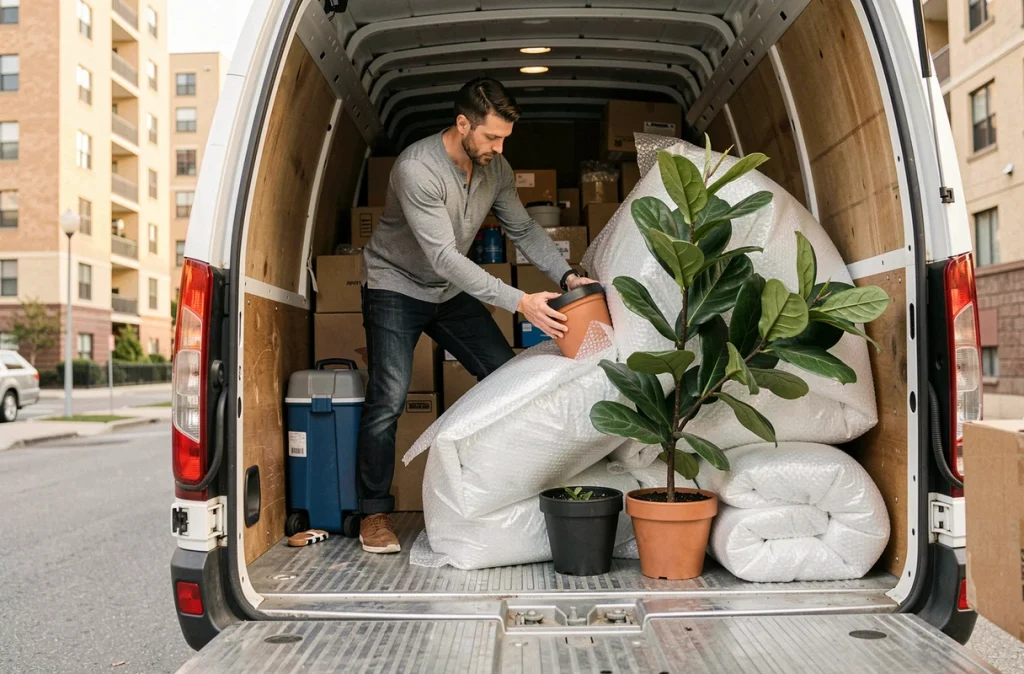 Homme chargeant des plantes vertes en pot dans un camion de déménagement