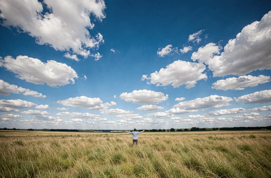 Personne debout dans un champ herbeux face à un vaste ciel bleu rempli de nuages blancs, horizon dégagé à la campagne