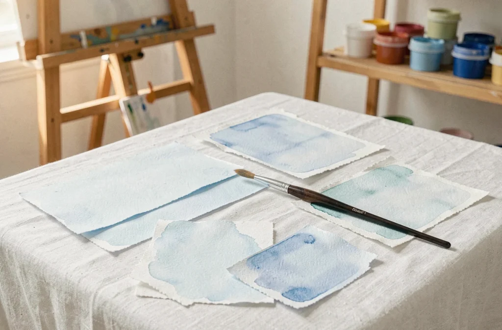 Nuanciers aquarelle et échantillons de tissu bleu clair disposés sur une nappe en lin blanc dans un atelier d'artiste
