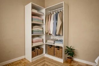 Coin dressing cosy aménagé avec une penderie blanche ouverte Brico Dépôt dans un coin de chambre aux murs beiges
