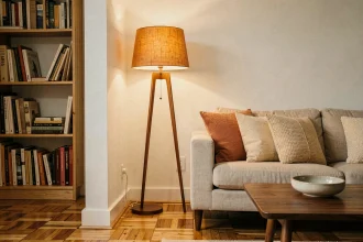 Coin salon chaleureux avec lampadaire ambre et canapé en lin pour un éclairage d'ambiance réussi