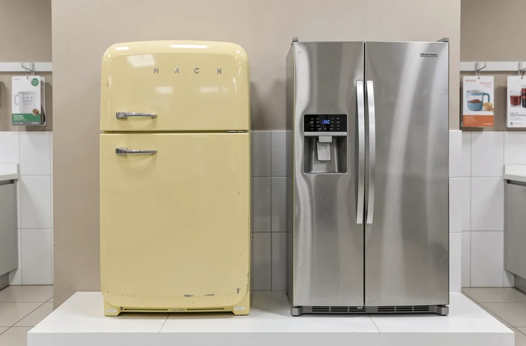 Comparaison entre un ancien réfrigérateur et un nouveau modèle dans un showroom d'électroménager
