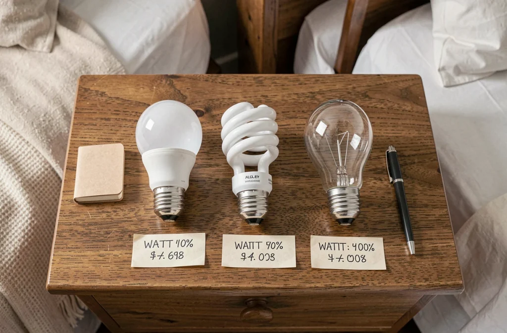 Comparatif de trois types d'ampoules LED halogène et fluo-compacte posées sur une table de chevet en bois