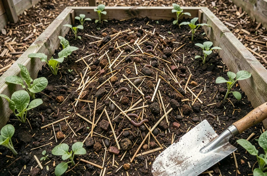 Compost mature épandu sur la terre d'un potager surélevé entre des plants de tomates