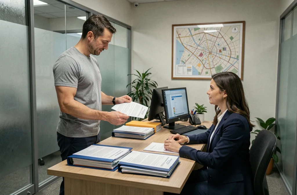Homme consultant un agent immobilier pour finaliser les formalités administratives liées à un déménagement