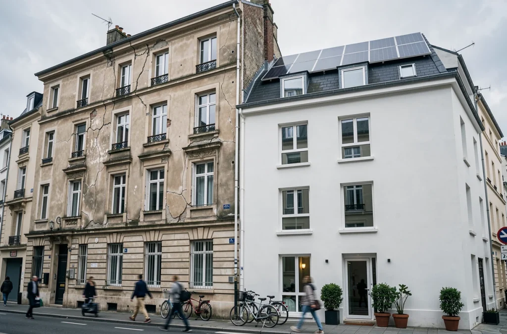 Contraste entre un immeuble ancien et un bâtiment rénové thermiquement dans une grande ville française, illustrant l'attractivité de la rénovation énergétique pour les locataires