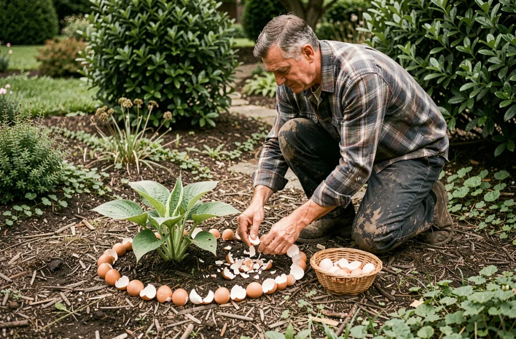 Jardinier épandant des coquilles d'œufs broyées autour d'une plante pour éloigner les limaces de manière naturelle et écologique