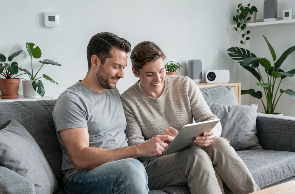 Couple consultant une application domotique sur tablette dans un salon de style scandinave