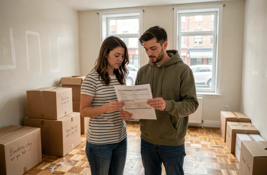 Couple vérifiant leur checklist de déménagement dans un appartement en cours de vidage avec des cartons étiquetés