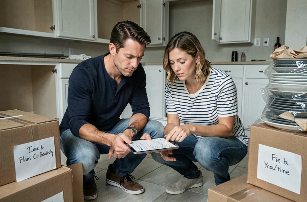 Couple vérifiant leur liste de contrôle de déménagement sur une tablette au milieu d'une cuisine démontée et de cartons étiquetés