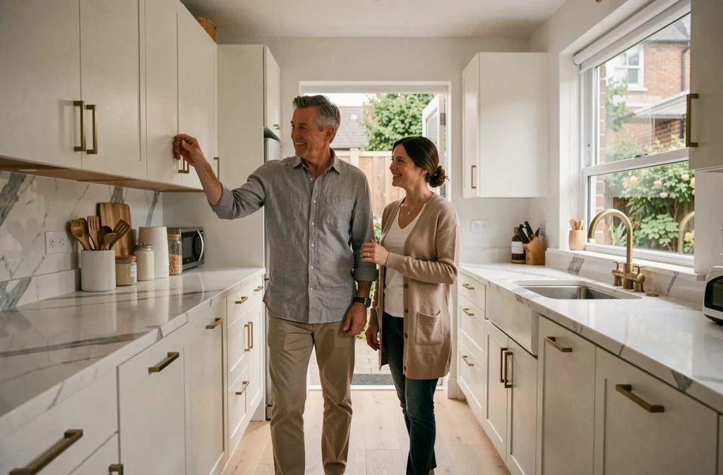 Couple visitant une cuisine moderne et bien aménagée dans le cadre d'une visite immobilière planifiée