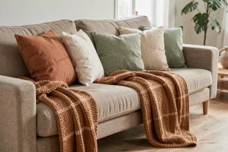 Canapé avec coussins coordonnés en terracotta, vert sauge et blanc cassé, et plaid en tricot caramel pour une ambiance harmonieuse