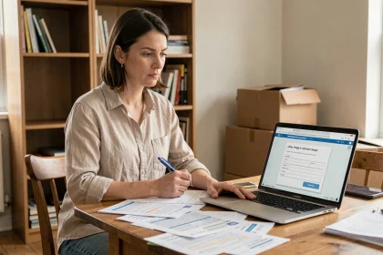 Femme préparant les démarches administratives avant un déménagement, assise à une table avec des documents et un ordinateur portable