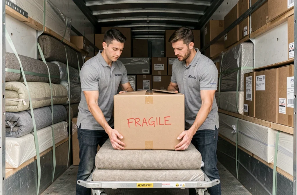 Déménageurs professionnels chargeant des cartons fragiles étiquetés dans un camion de déménagement avec soin