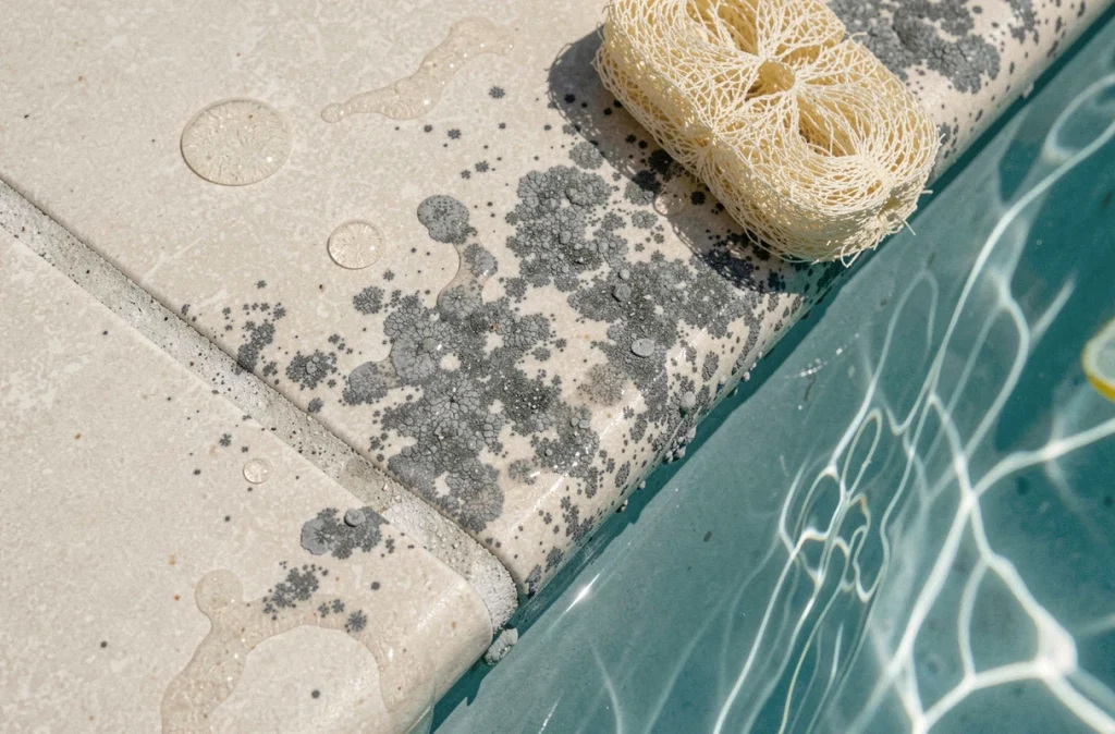Gros plan sur la ligne d'eau d'une piscine avec une éponge naturelle et une solution de vinaigre et citron