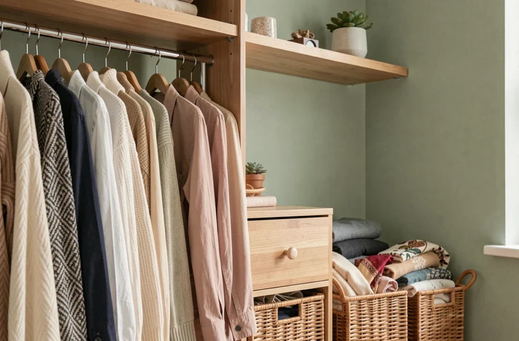 Détail d'une penderie bien organisée avec vêtements suspendus et paniers en rotin dans un dressing cosy
