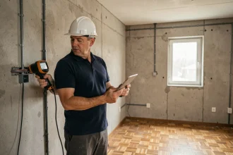 Diagnostiqueur immobilier inspectant les murs d'un appartement vide avec un appareil thermique lors d'un diagnostic obligatoire