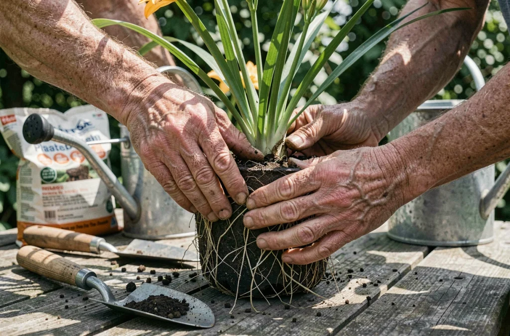 Mains d'un jardinier expérimenté qui divise une hémérocalle avant de la planter dans un massif de vivaces en été