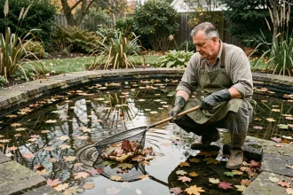 Homme utilisant une épuisette à manche long pour retirer les feuilles mortes au fond d'un bassin de jardin en automne