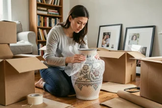 Femme emballant un vase en céramique fragile avec du papier bulle lors d'un déménagement dans un appartement