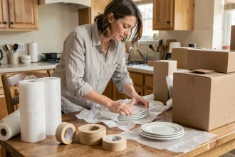 Femme emballant de la vaisselle fragile avec du papier bulle et du carton dans une cuisine lors d'un déménagement