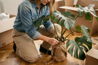 Femme emballant une plante monstera avec du papier kraft avant un déménagement