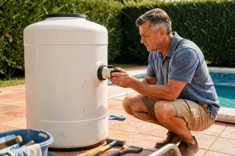 Homme entretenant le filtre à sable de sa piscine en inspectant la vanne multivoies dans un jardin ensoleillé