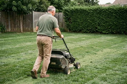 Homme entretenant sa pelouse avec une tondeuse à gazon dans un jardin verdoyant bien entretenu