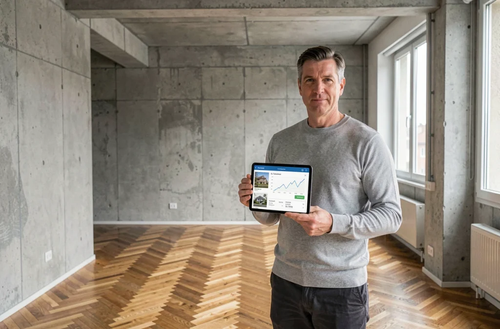 Homme consultant une application d'estimation immobilière par IA sur tablette dans un appartement vide aux murs en béton apparent