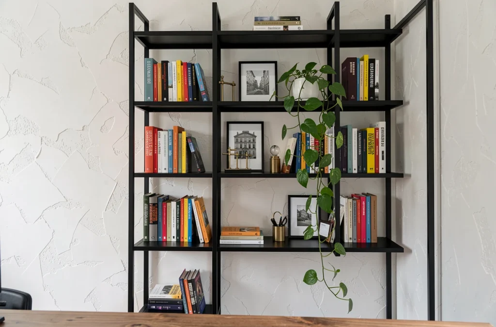 Bureau à domicile avec étagère modulaire murale en métal noir mat du sol au plafond, livres et plantes vertes