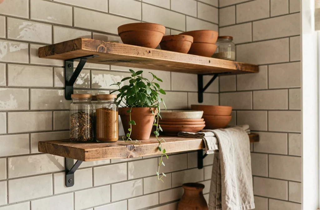 Étagères en bois rustique fixées sur des supports en fer dans une cuisine avec des pots en terre cuite et herbes aromatiques