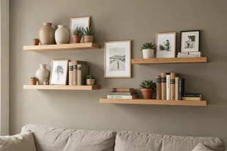 Mur salon décoré avec trois étagères flottantes en chêne clair ornées de vases céramiques, plantes succulentes et livres